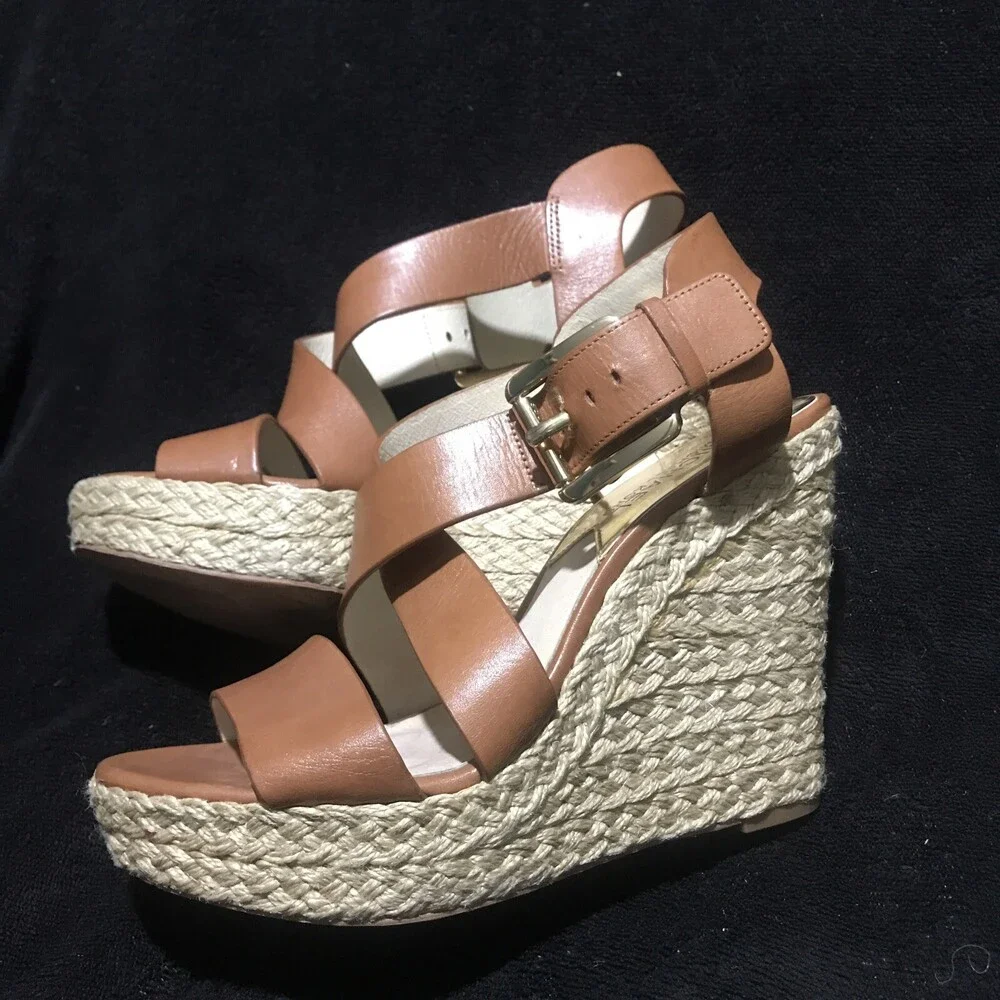 Michael Kors sz 61/2 Women’s Giovanna Brown Leather Wedge Espadrille Sandals